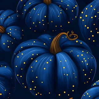a painting of blue pumpkins with gold dots on them, all in the same pattern Navy Blue Halloween Cute Backgrounds Phone, October, Pumpkin, Art Halloween,