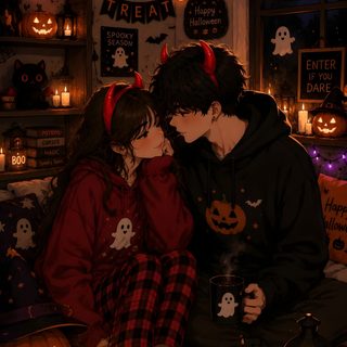 two people sitting on a couch next to each other with pumpkins and candles around them Halloween Couple Iphone Autumn Magic, Couple Halloween, Autumn Aesthetic, Halloween, black