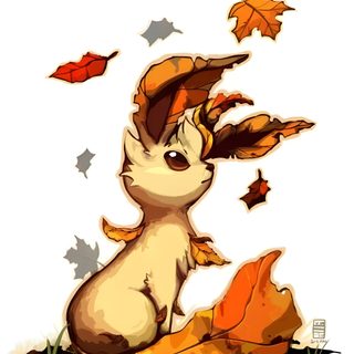 a cartoon rabbit sitting on top of leaves Leafeon Halloween Sawsbuck Fall, Squrtile Pokemon Cute, Fall Pokemon Art, Nature Eevee, Leafeon Autumn, white