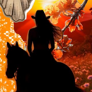 a woman riding on the back of a horse in front of a ghost sticker Halloween Cowgirl saddle brown