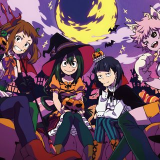 anime characters sitting on the ground in front of a full moon Cute Mha Halloween Uraraka Halloween Fanart, Halloween Icons, Halloween Express, dim gray