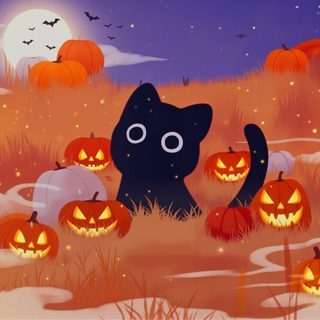 a black cat surrounded by pumpkins on a halloween night with bats and moon in the sky Generic Halloween Cat Desktop Cute Halloween Pc, Cute Halloween Pc Background, Halloween Kawaii Cute Black Cat, sienna