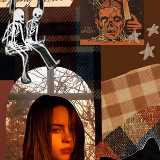 a collage of halloween images with a black cat and skeleton on the wall in the background Billie Eilish Halloween Billie Eilish Fall Aesthetic, Billie Eilish Halloween, Halloween Billie Eilish, saddle brown