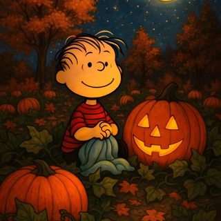 a painting of a little boy sitting next to pumpkins in the grass at night Charlie Brown Halloween Love Halloween, Charlie Brown Halloween Iphone, Charlie Brown Halloween, black