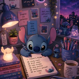 an image of a cartoon character writing on a notepad next to some books and other items Cute Stitch Halloween Alien Character, Cute Stitch, Study Inspiration, Night Time, Phone, dark slate gray