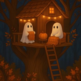 there are two ghost on the treehouse with pumpkins in front of them and lights strung from the roof Halloween Ghost Tree Happy Halloween Pictures, Halloween Iphone Backgrounds, Minion Phone, maroon