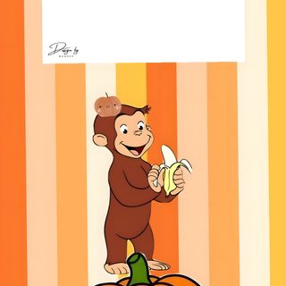 a monkey on top of a pumpkin with the words happy halloween written above it and an orange striped background Halloween Curios George burlywood