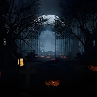 halloween pumpkins lit up in the dark with trees and buildings behind them at night Halloween 4k Video Haunted Forest Night Scene, Horror Background, Animated Haunted Forest, black