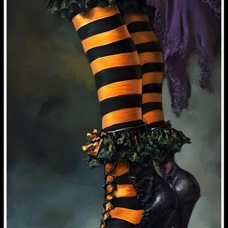 a painting of a woman's legs wearing black and yellow striped stockings with flowers on them Happy Halloween Stockings Witch Pictures, Witch Shoes, Beautiful Witch, Halloween Artwork, dark slate gray