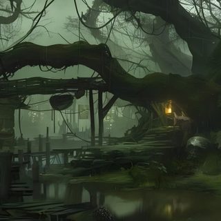 a creepy house in the middle of a swampy area with trees growing out of it Halloween Swamp Swamp House, Swamp Town, Cypress Swamp, Indie Game Art, Landscape Concept, dark slate gray