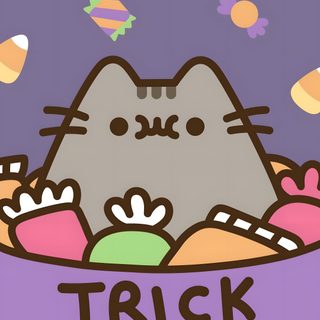 a cartoon cat in a bowl with candy on the side and trick or treat written below Kawaii Kawaii Pusheen Halloween Pusheen Thanksgiving, Pushers Halloween, Fall Pusheen, slate gray
