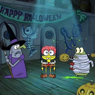 cartoon characters dressed up in halloween costumes Spongebob Squarepants Halloween Spongebob Brain Halloween Episode, Spongebob Halloween Pfp, Spongebob Halloween Gif, dark slate gray