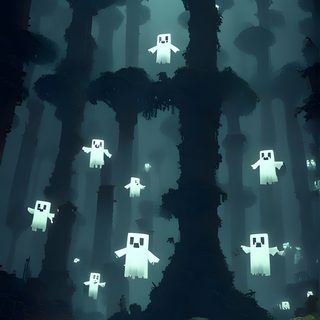 an animated image of some trees with ghost faces on them and candles in the foreground Minecraft Halloween Minecraft Halloween, Minecraft Fall Background, Minecraft Fall, dark slate gray