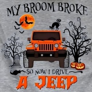 an orange jeep is parked in front of a tree with bats and pumpkins on it Halloween Jeep Halloween Decor For Jeeps, Halloween Jeep Decor, Jeep Decorations For Halloween, gray