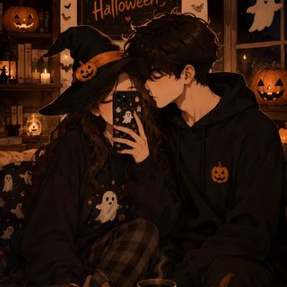two people sitting on a couch in front of pumpkins and candles, one holding a cell phone Halloween Couple Iphone Couple Halloween, Halloween Night, Fall Vibes, Ghost, Romance, Halloween, black
