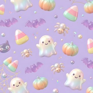 a purple background with lots of different halloween items and decorations on it's surface Halloween Cutecore thistle