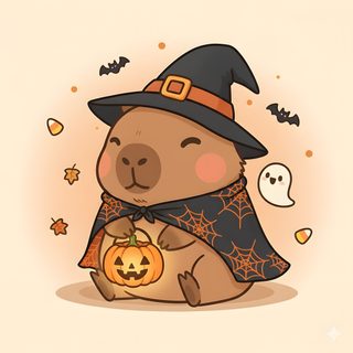 a teddy bear dressed as a witch holding a pumpkin Capybara Halloween Capybara Witch, Capybara Halloween, Kawaii Doodles, Diy Cards, Mythical Creatures, bisque