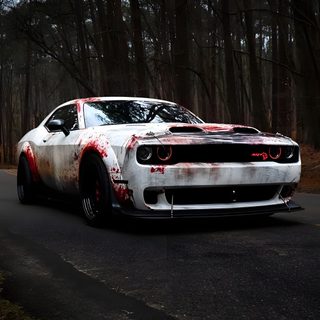 a white car with red paint on it driving down the road in front of some trees Halloween Hellcat Dodge Challenger Hellcat Aesthetic, Dodge Challenger Blood, Hellcat Demon, black