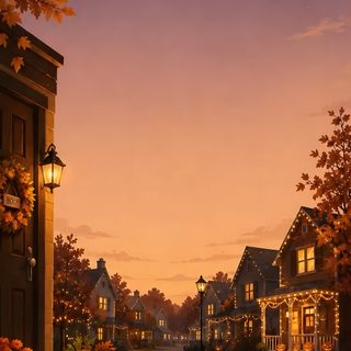 a black cat sitting in the middle of a street with pumpkins and lights on it Halloween City dim gray