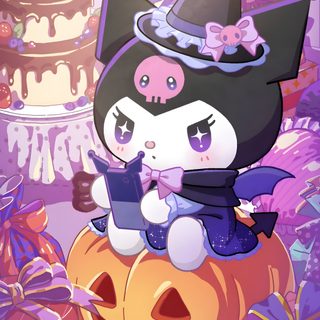 a cartoon character sitting on top of a pumpkin with a cell phone in her hand Kuromi Sanrio Halloween Halloween Cute Kuromi Halloween, Cute Kuromi Halloween, Halloween Kuromi Aesthetic, rosy brown