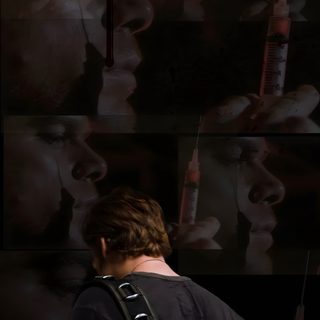 a man standing in front of a wall with blood dripping on it Dexter Halloween black