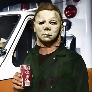 a man wearing a mask holding a can of coca - cola in front of an ambulance Halloween 2 Michael Myers 1981, Michael Myers Classic, Michael Myers Drinking Dr Pepper, dark slate gray