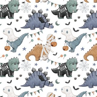 a watercolor halloween pattern with dinosaurs and pumpkins Halloween Dinosaur For Nursery Dinosaur Halloween, Spooky Dinosaur Fabric, Color Profile, white