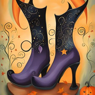 a painting of halloween boots and pumpkins Happy Halloween Stockings Dark Witch, Witch Cat Halloween Image, Salem Halloween Black Cat Witch Autumn Folk Art, sienna