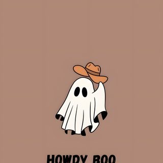 a cartoon ghost with a hat on it's head and the words howdy boo Cowboy Ghost Halloween Cute Ghost Illustration, Cartoon Ghost With Cowboy Hat, Funny Halloween Greeting Card, rosy brown