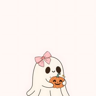 a ghost with a pumpkin in its hand and a pink bow on it's head Halloween Peach Halloween Backgrounfs, Cute Iphone Halloween, Halloween Wallpapaer, lavender blush