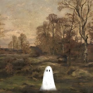 a painting of a white ghost standing in the middle of a wooded area with trees Simple Halloween Desktop Computer, Halloween Canvas Art, Fondos De Pantalla Para Ipad, dark olive green
