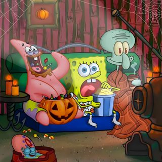 spongebob and friends in the living room with pumpkins, jack - o - lantern Spongebob Halloween Cheap Halloween Crafts, Spongebob Halloween, Spongebob Pics, dark olive green