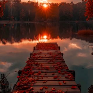 a dock with leaves on it and the sun setting in the distance over water surrounded by trees Halloween Sunrise Phone Backgrounds, Nature, Autumn Scenery, Autumn Phone, Fall Pictures, maroon