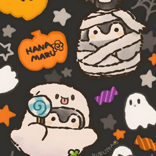 an image of halloween themed items on a black background with ghost, pumpkins and bats Penguin Halloween Asian, Cute Animal Quotes, Cute Panda, Pretty Tumblr, Images Kawaii, dark slate gray