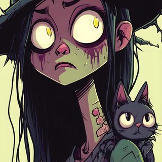 a drawing of a woman with a cat on her shoulder and wearing a witches hat Creepy Cute Halloween Witch, Cute Zombie, Cartoon Sketches, Dibujos Geniales De Arte, dark slate gray