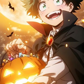an anime character holding a pumpkin in front of a full moon Izuku Midoriya Izuku Midoriya Halloween Cute Mha Halloween, Deku Pumpkin, Mha Halloween, sienna