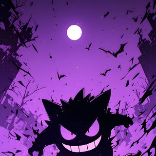 an image of a cartoon character in front of a purple sky with bats flying around Ghost Pokemon Halloween Pikachu, Hunter Pokemon, Pokemon Sleeves, Pokemon Backgrounds, midnight blue