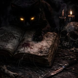 a black cat laying on top of an open book next to candles and skull decorations Creepy Black Cat Halloween Halloween, Dark Side, Dark Art, Dark Horror Cat, Black Heart,