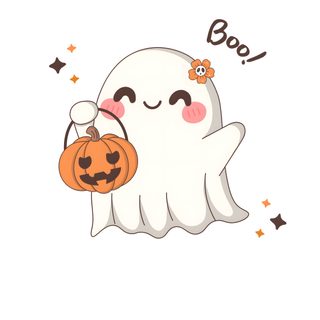 a ghost with a pumpkin in its hand and the words boo on it's chest Aesthetic Cute Halloween Ghost white