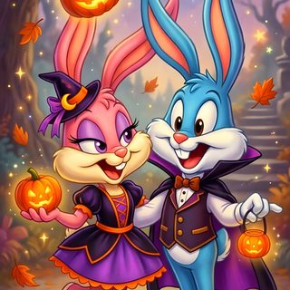 two rabbits dressed in halloween costumes standing next to each other with pumpkins and jack - o'- lanterns Halloween Bunny Hd dim gray