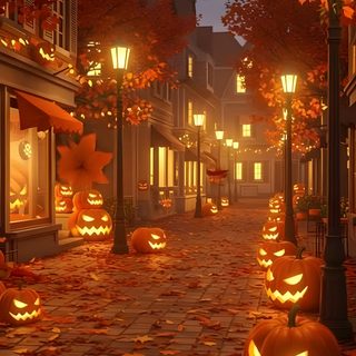 pumpkins lit up in the street at night with lights shining on them and leaves all over the ground Halloween Gift Halloween Street Background, Cozy Halloween, Fall Town, saddle brown