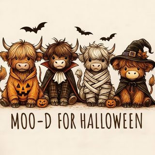 three little cows dressed up as witches and one is wearing a pumpkin hat with the words moo - d for halloween Cute Halloween Highland Cow Fall Cows Aesthetic, Cute Fall Cow, Spooky Cow, Cute Halloween Cow, antique white