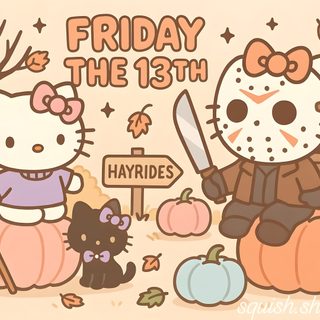 an image of hello kitty and her friends in the fall scene with pumpkins, cats and a sign that says friday the 13th Hello Kitty Halloween Chromebook Hello Kitty Chromebook, Halloween Ipad Horizontal, Hello Kitty Halloween Laptop, peach puff