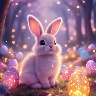 a bunny sitting in the middle of an easter scene with glowing eggs and lights around it Halloween Easter Ideas Hoppy Easter, Easter Iphone Backgrounds, Easter Screensavers, Cute Easter, dim gray