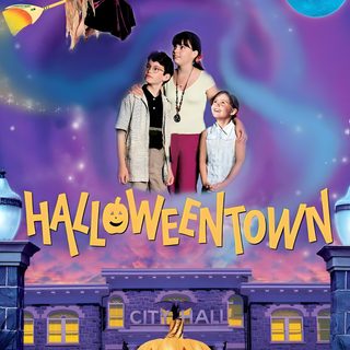 the poster for halloween town shows three children standing in front of a building with pumpkins on it Halloween Town Movie Halloweentown Movie, Halloweentown Disney Channel, Halloweentown Halloween Movie, dark slate blue