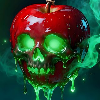 an apple with green eyes and a skull on it is hanging from a rope in the air Apple Halloween 4k Neon Halloween, Snow White Apple, Halloween Apple, Evil Witch Apple, dark green