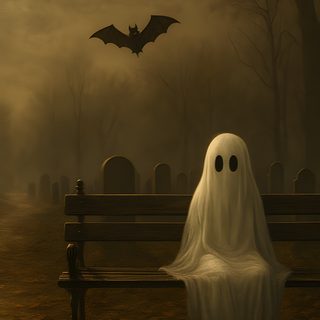 a ghost sitting on a park bench in front of a cemetery with bats flying overhead Spooky Halloween Ghost Ghosts, Halloween Ghost Background, Witch Painting, Dark Landscape, dark slate gray