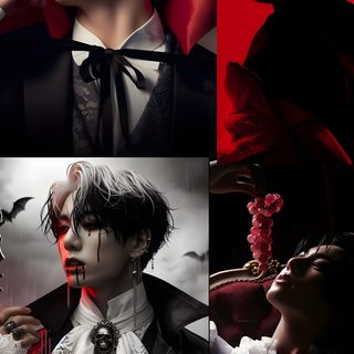 the collage shows many different images of people in black and white outfits, with red accents Jungkook Halloween Vampires Of Kpop, Bts Vampire, Bts Vampire Look, Jungkook Halloween, black