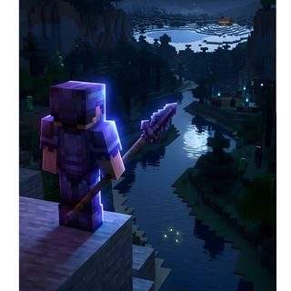 a man standing on top of a bridge next to a river under a full moon Minecraft Halloween midnight blue