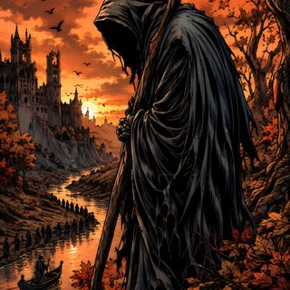 a painting of a man with a scythe in his hand Grim Reaper Halloween black